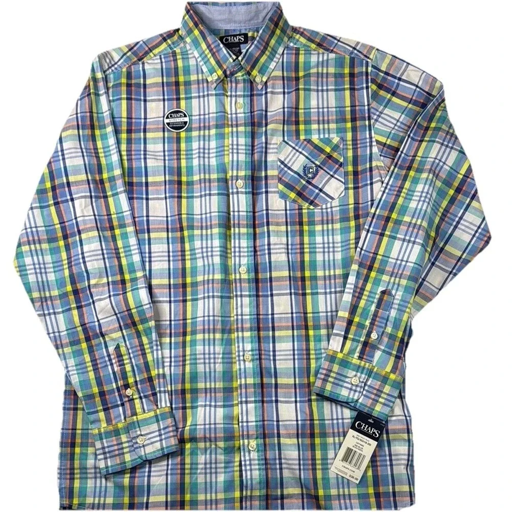 Chaps Boys Blue and Green Button Down Shirt Vibrant Plaid Design,‎ Size XL NWT
